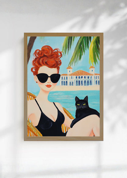 Cuadro Decorativo Trendy, Mujer Gato Negro Palmeras