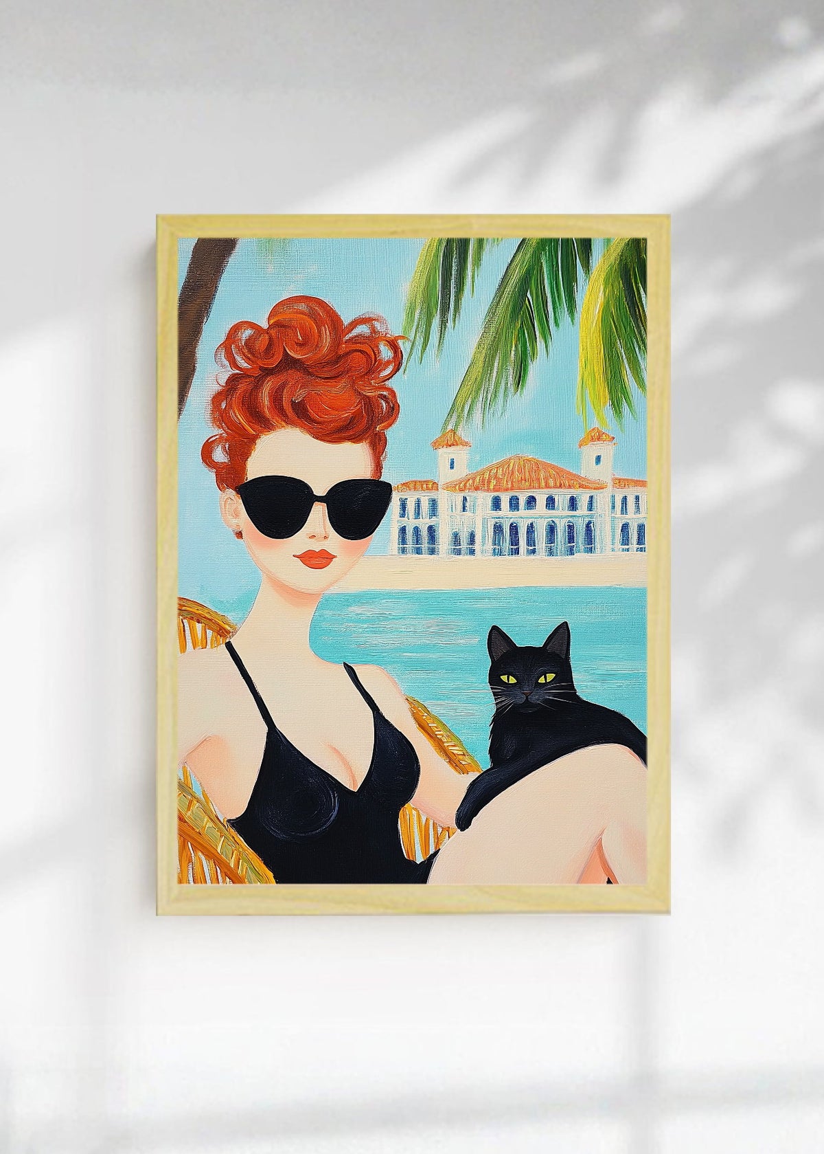 Cuadro Decorativo Trendy, Mujer Gato Negro Palmeras