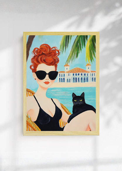 Cuadro Decorativo Trendy, Mujer Gato Negro Palmeras