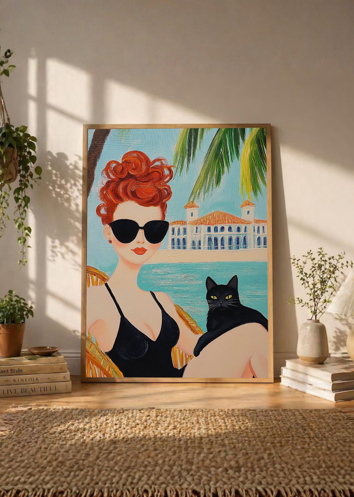 Cuadro Decorativo Trendy, Mujer Gato Negro Palmeras