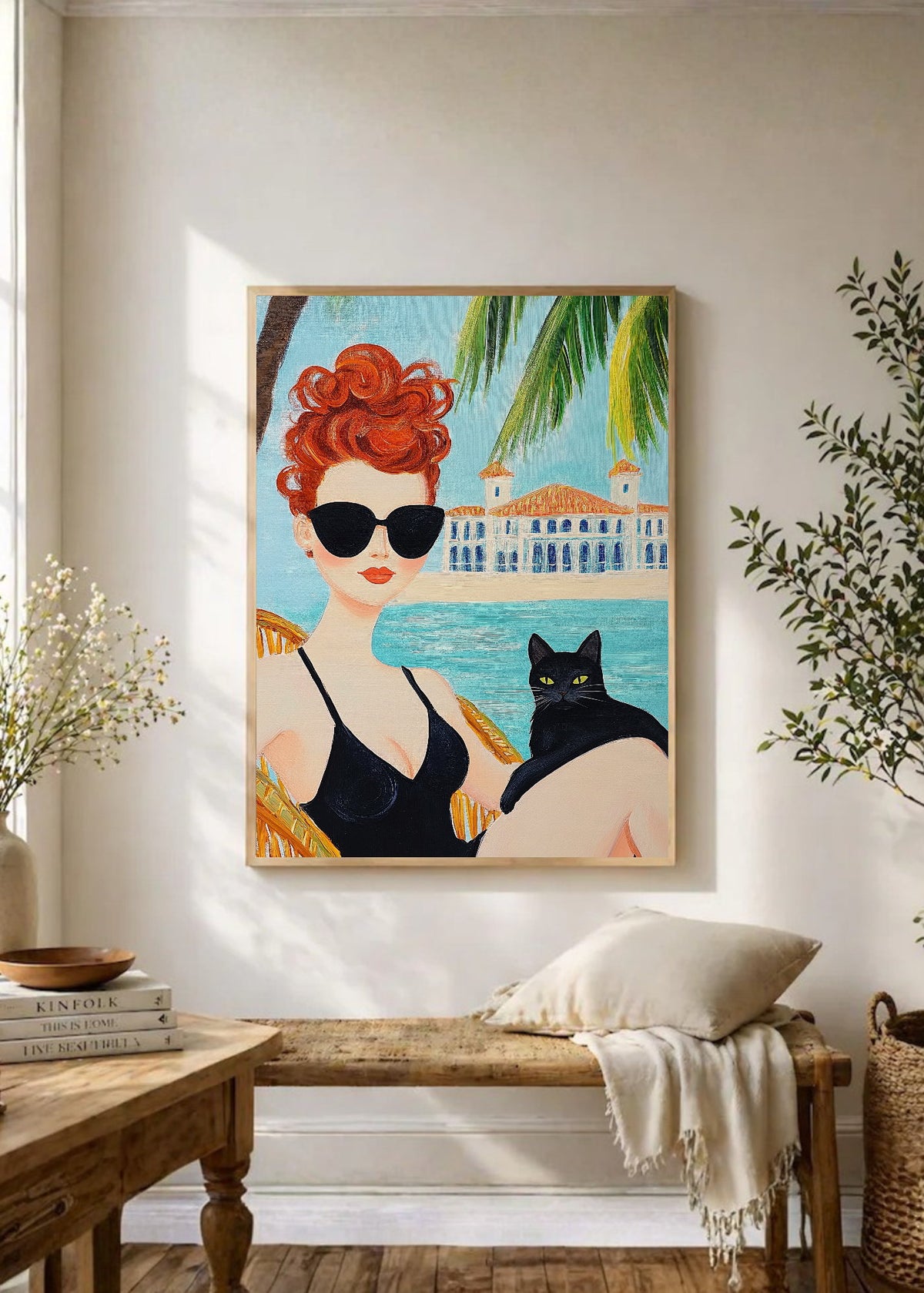 Cuadro Decorativo Trendy, Mujer Gato Negro Palmeras