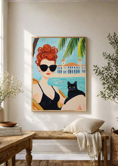 Cuadro Decorativo Trendy, Mujer Gato Negro Palmeras