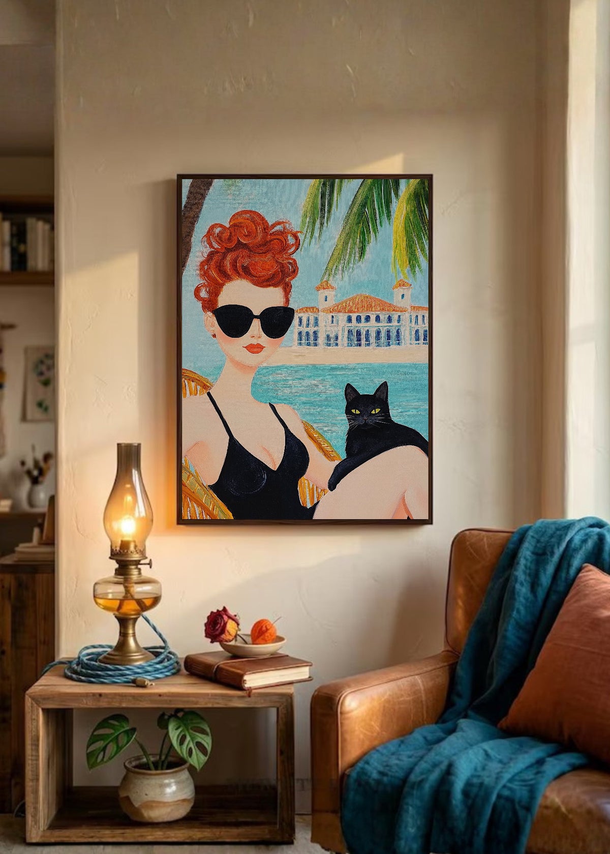 Cuadro Decorativo Trendy, Mujer Gato Negro Palmeras