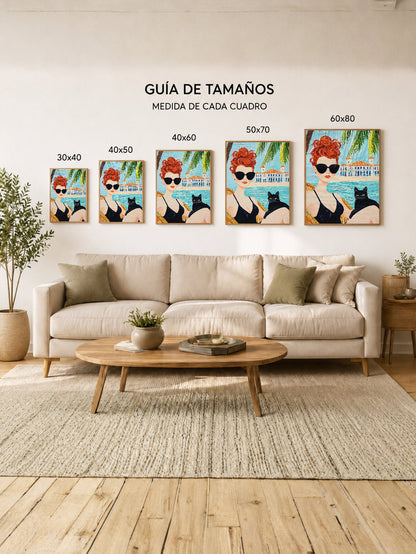 Cuadro Decorativo Trendy, Mujer Gato Negro Palmeras