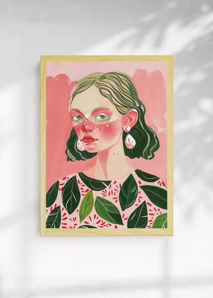 Cuadro Decorativo Trendy, Mujer Hojas Rosa Verde