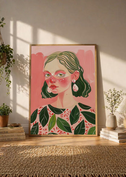 Cuadro Decorativo Trendy, Mujer Hojas Rosa Verde