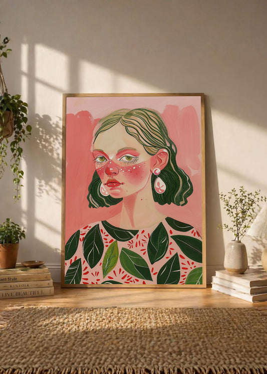 Cuadro Decorativo Trendy, Mujer Hojas Rosa Verde