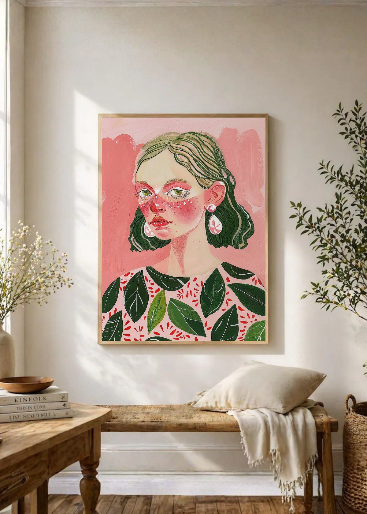 Cuadro Decorativo Trendy, Mujer Hojas Rosa Verde