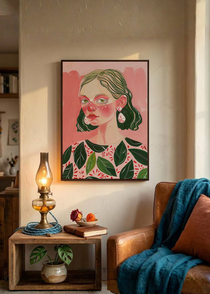 Cuadro Decorativo Trendy, Mujer Hojas Rosa Verde