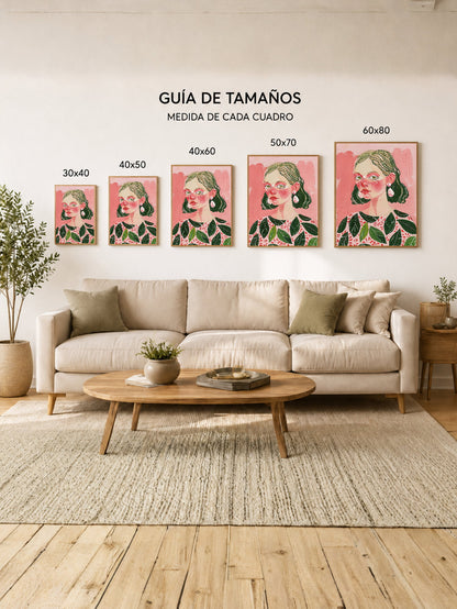 Cuadro Decorativo Trendy, Mujer Hojas Rosa Verde
