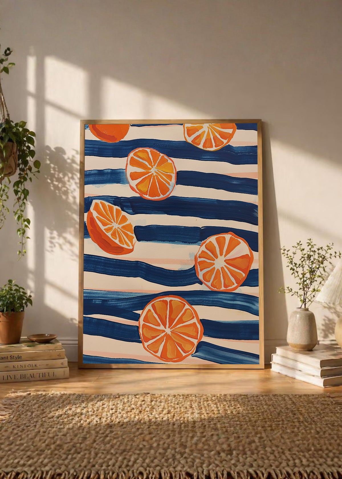 Cuadro Decorativo Trendy, Naranjas Rayas Azul Blanco