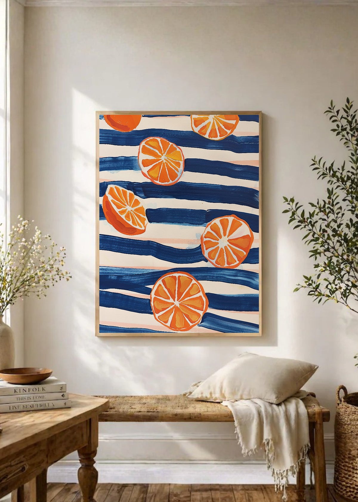 Cuadro Decorativo Trendy, Naranjas Rayas Azul Blanco