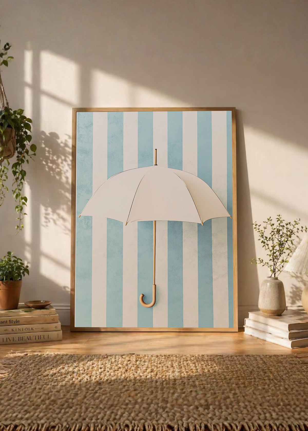Cuadro Decorativo Trendy, Paraguas Blanco Rayas Celeste