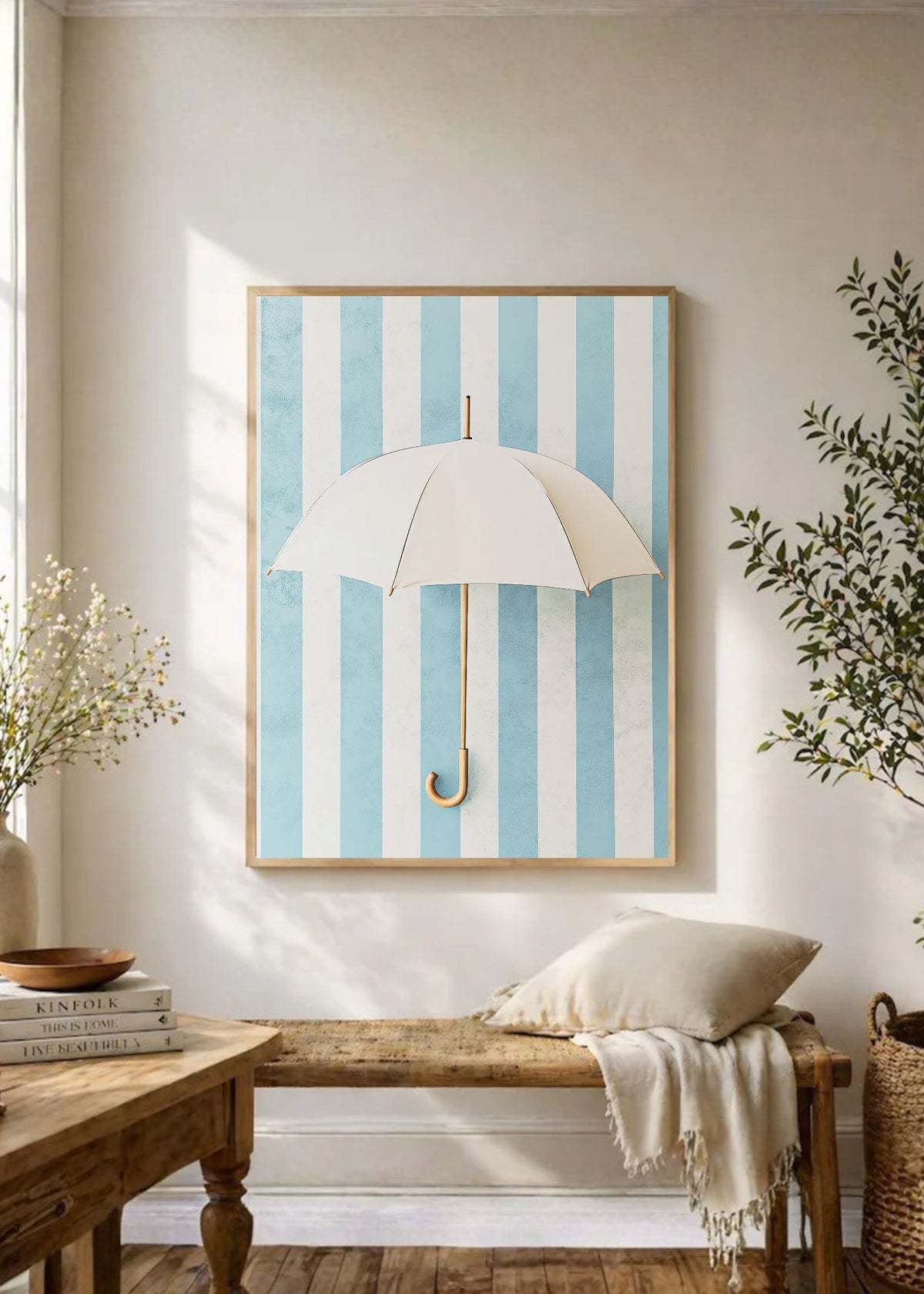 Cuadro Decorativo Trendy, Paraguas Blanco Rayas Celeste