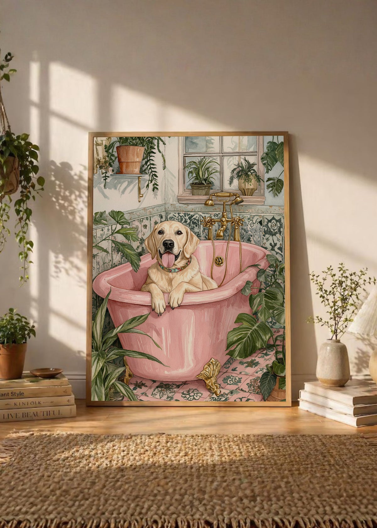 Cuadro Decorativo Trendy, Perro Bañera Rosa Plantas