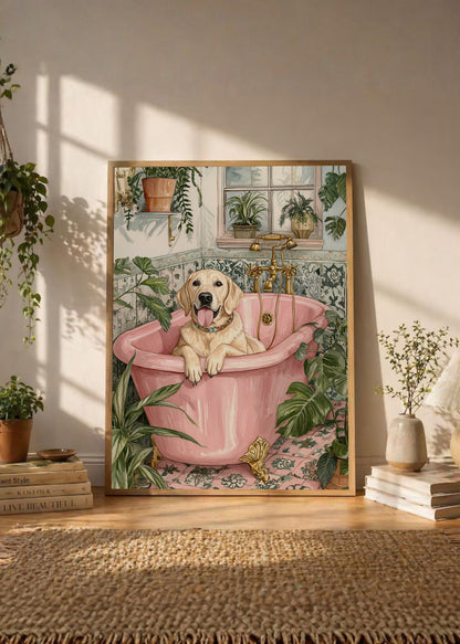 Cuadro Decorativo Trendy, Perro Bañera Rosa Plantas