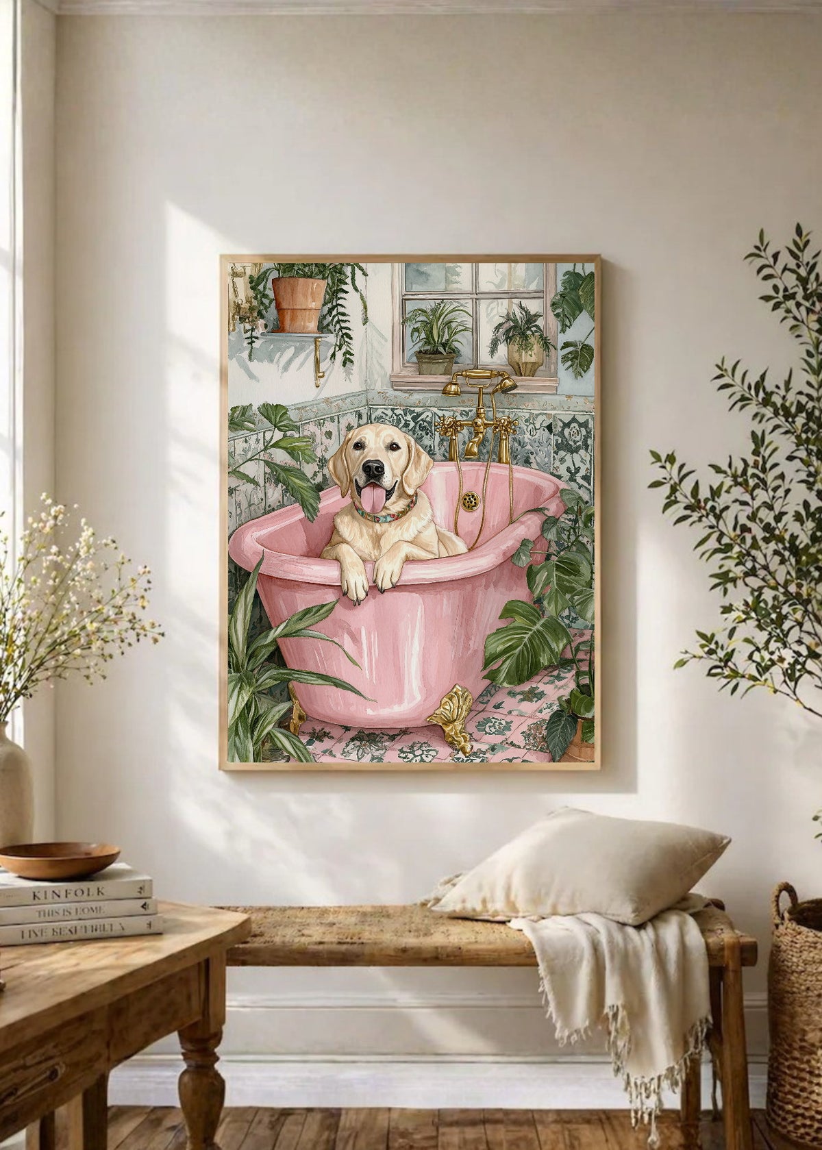 Cuadro Decorativo Trendy, Perro Bañera Rosa Plantas