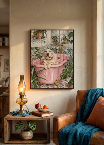 Cuadro Decorativo Trendy, Perro Bañera Rosa Plantas