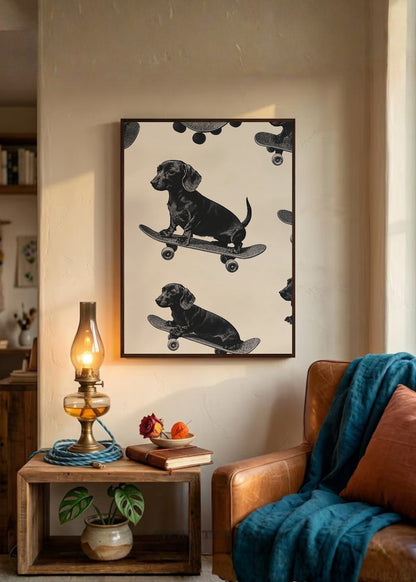 Cuadro Decorativo Trendy, Perros Salchicha Skate Crema