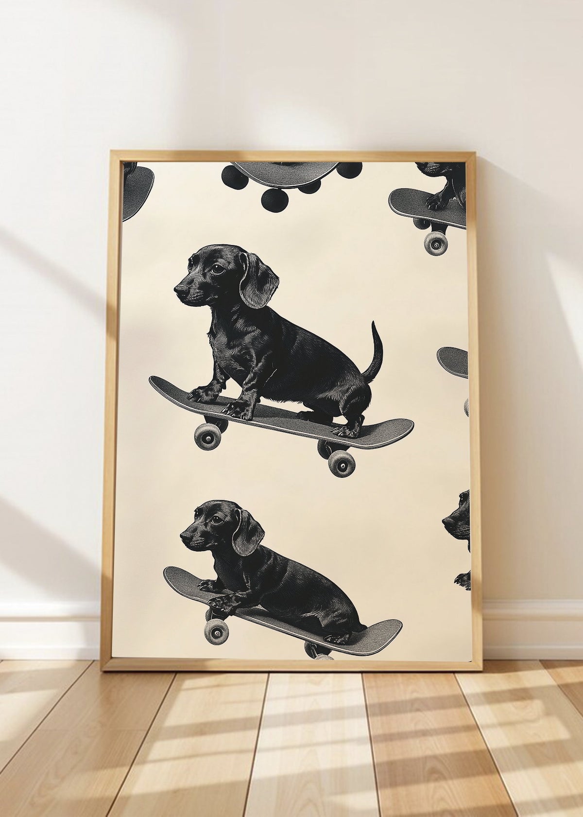 Cuadro Decorativo Trendy, Perros Salchicha Skate Crema