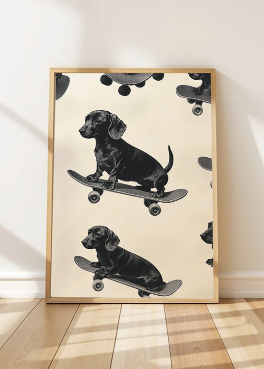 Cuadro Decorativo Trendy, Perros Salchicha Skate Crema