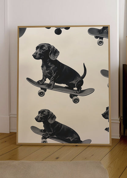 Cuadro Decorativo Trendy, Perros Salchicha Skate Crema