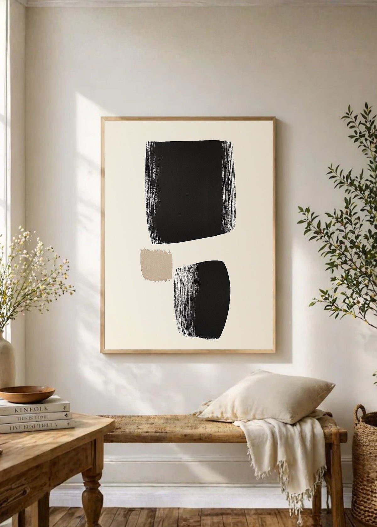 Cuadro Decorativo Trendy, Pinceladas Negras Minimal Crema