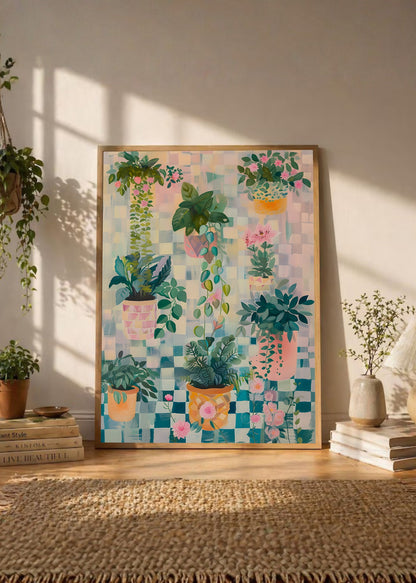 Cuadro Decorativo Trendy, Plantas Colgantes Ajedrez Pastel
