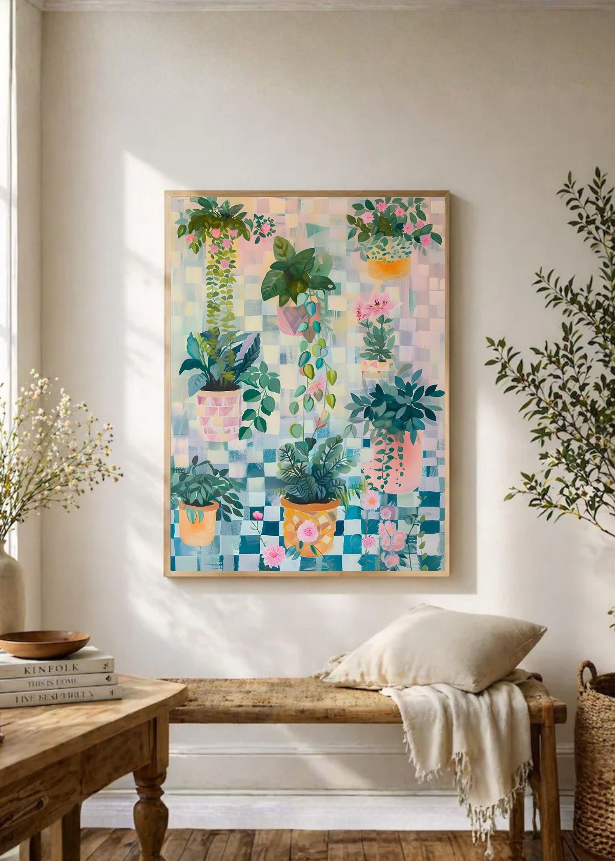 Cuadro Decorativo Trendy, Plantas Colgantes Ajedrez Pastel
