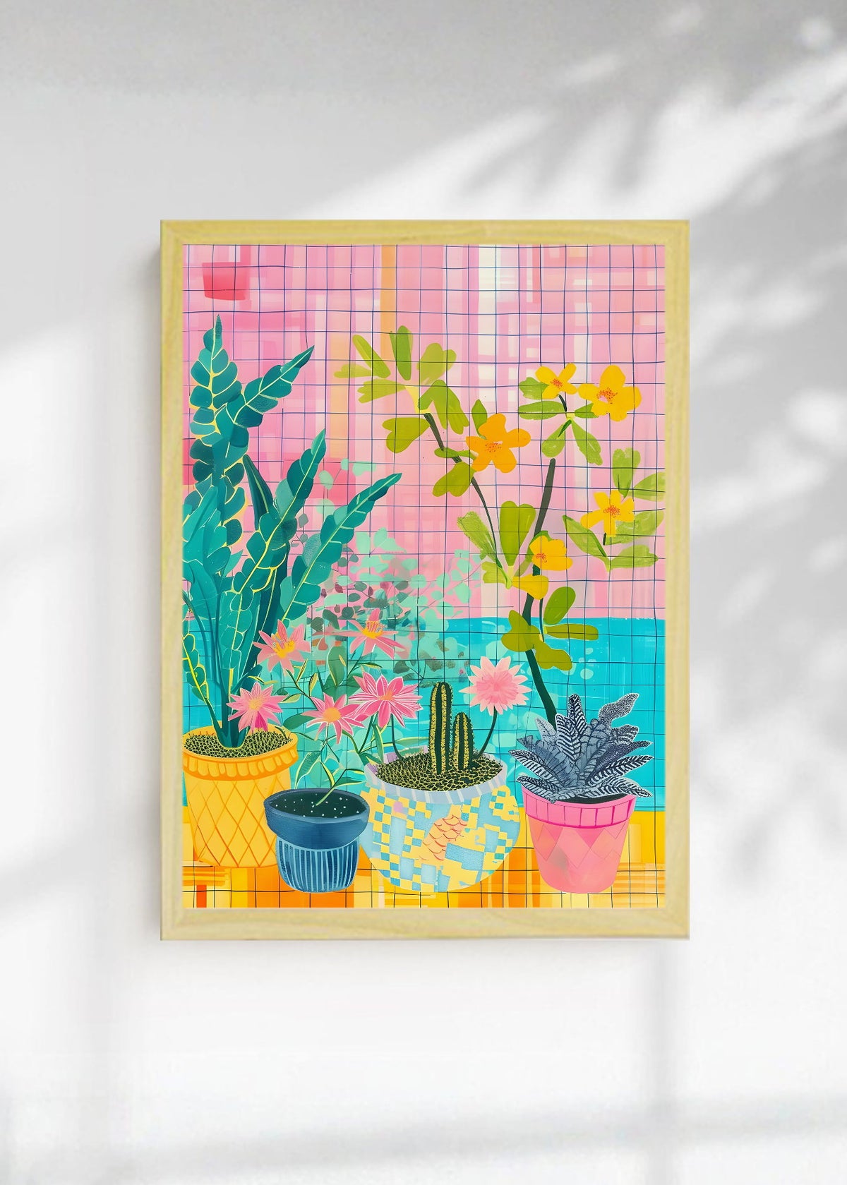 Cuadro Decorativo Trendy, Plantas Macetas Cuadrillé Rosa