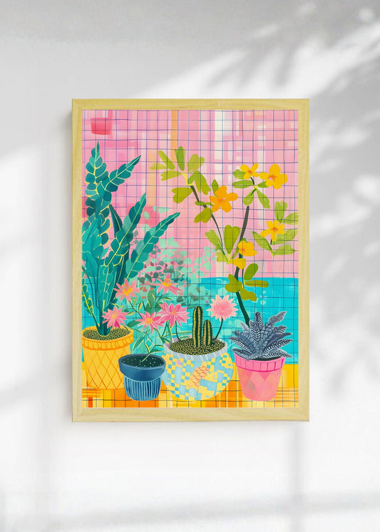 Cuadro Decorativo Trendy, Plantas Macetas Cuadrillé Rosa