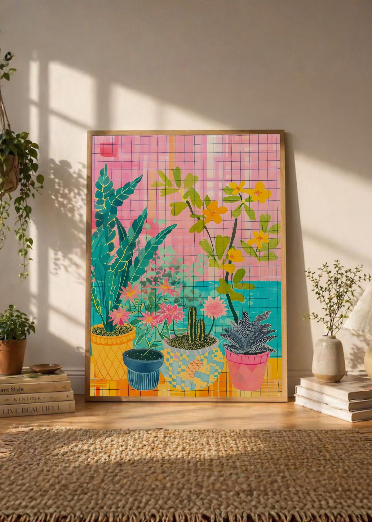 Cuadro Decorativo Trendy, Plantas Macetas Cuadrillé Rosa