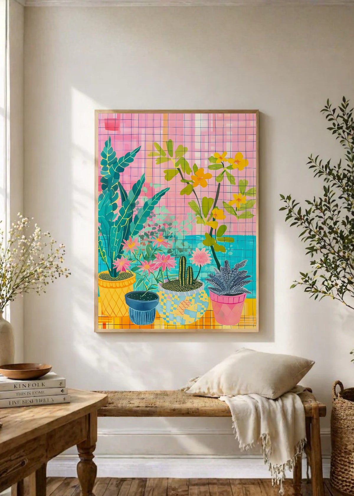 Cuadro Decorativo Trendy, Plantas Macetas Cuadrillé Rosa