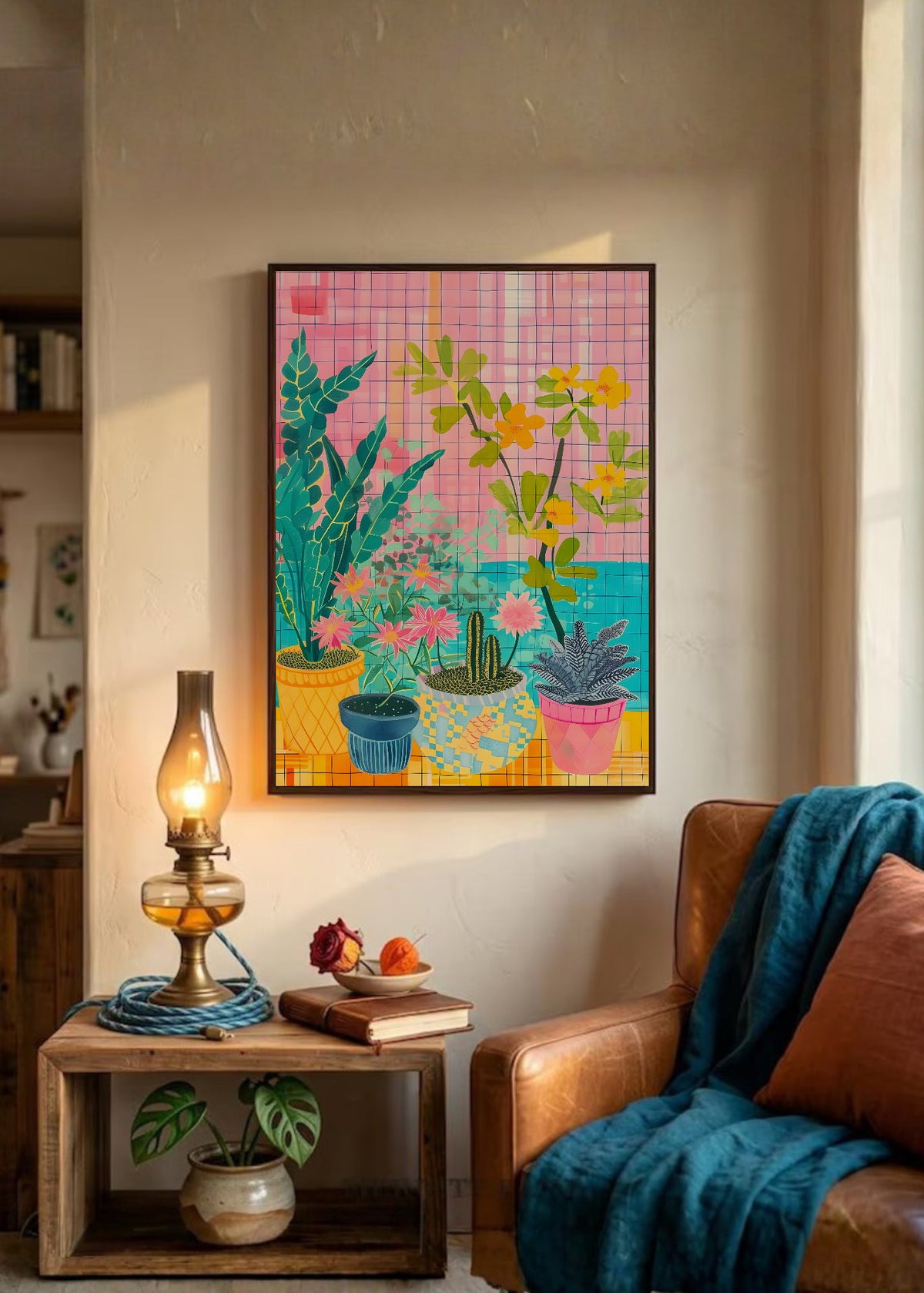 Cuadro Decorativo Trendy, Plantas Macetas Cuadrillé Rosa
