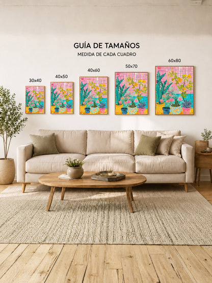 Cuadro Decorativo Trendy, Plantas Macetas Cuadrillé Rosa