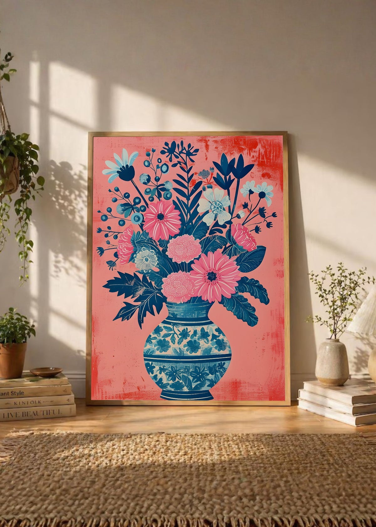 Cuadro Decorativo Trendy, Ramo Flores Jarrón Porcelana Azul
