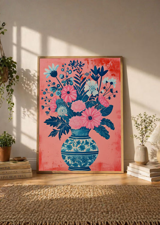 Cuadro Decorativo Trendy, Ramo Flores Jarrón Porcelana Azul