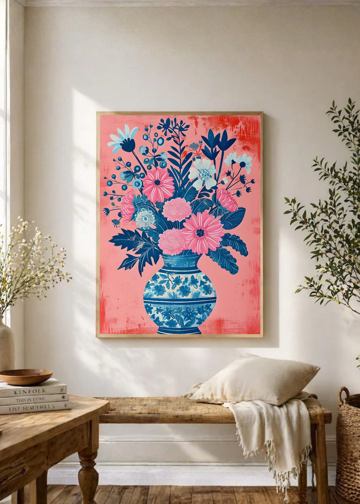 Cuadro Decorativo Trendy, Ramo Flores Jarrón Porcelana Azul