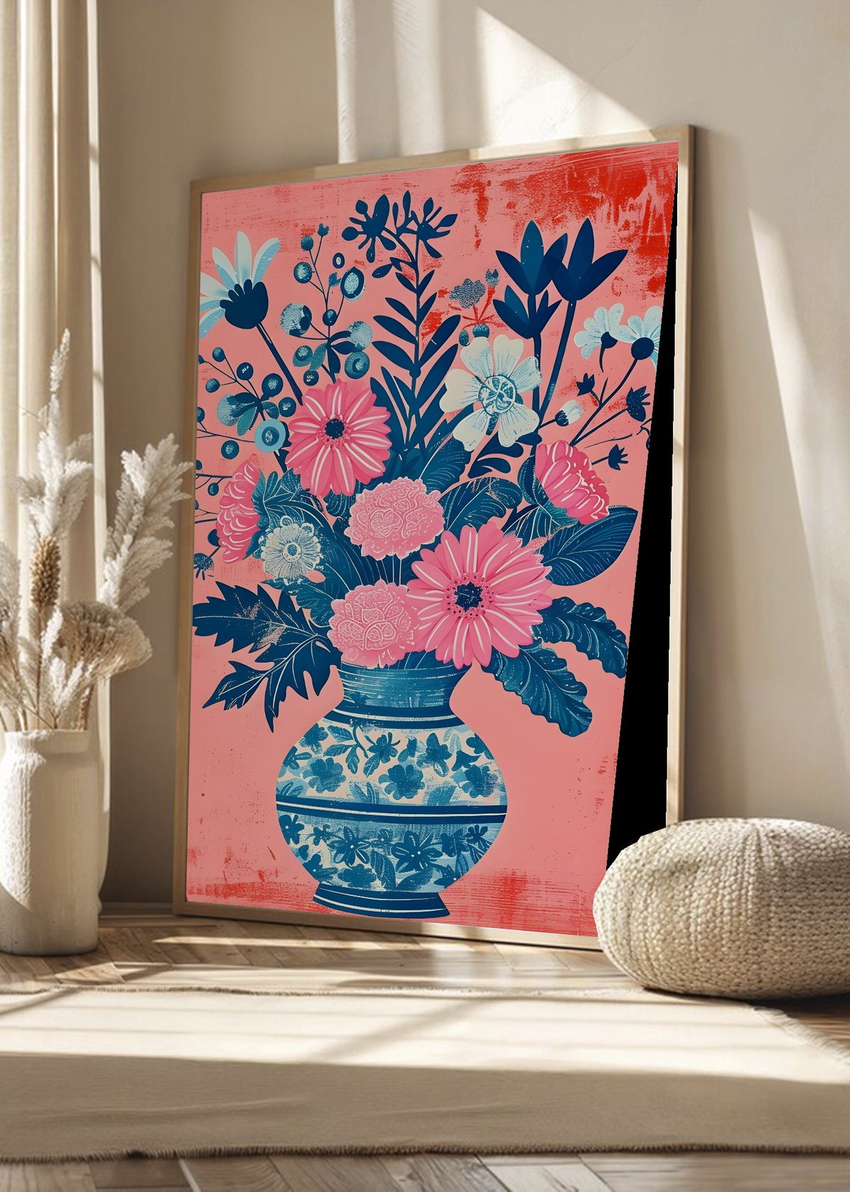 Cuadro Decorativo Trendy, Ramo Flores Jarrón Porcelana Azul