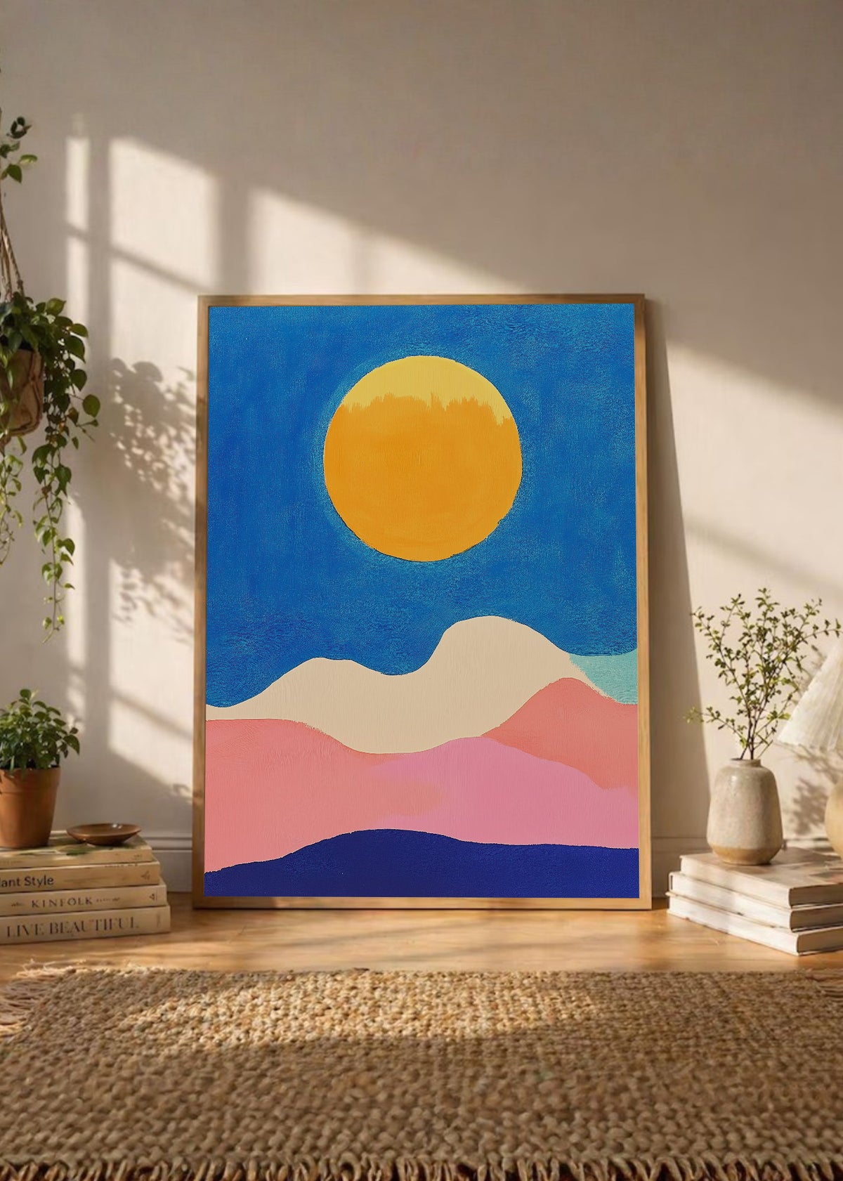 Cuadro Decorativo Trendy, Sol Amarillo Montañas Azul