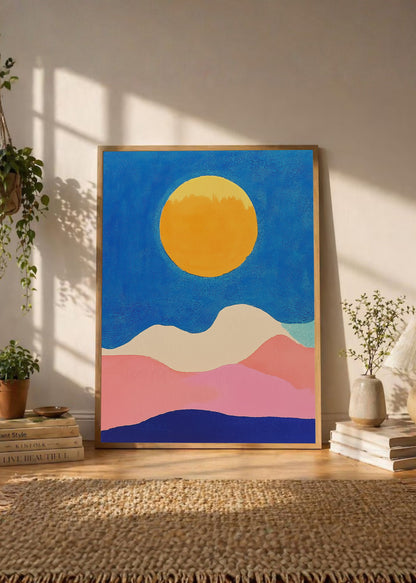 Cuadro Decorativo Trendy, Sol Amarillo Montañas Azul