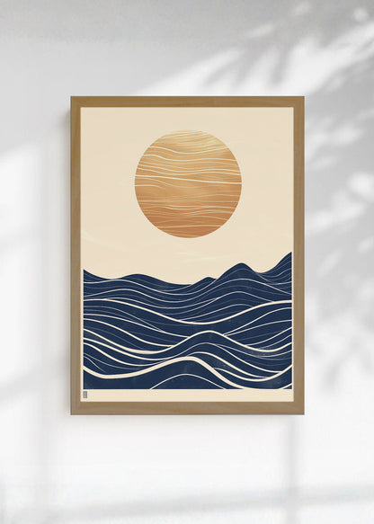Cuadro Decorativo Trendy, Sol Dorado Olas Azul Noche