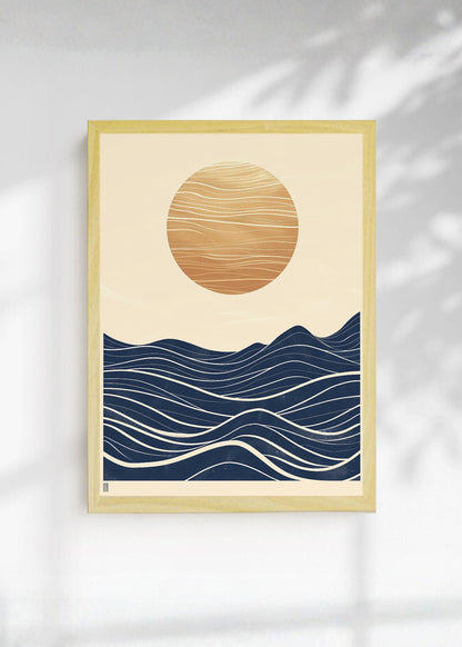 Cuadro Decorativo Trendy, Sol Dorado Olas Azul Noche