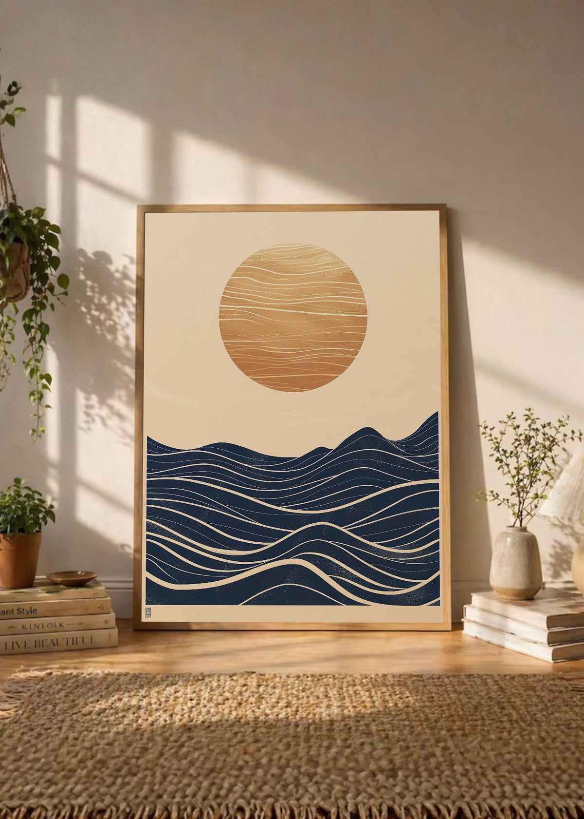 Cuadro Decorativo Trendy, Sol Dorado Olas Azul Noche