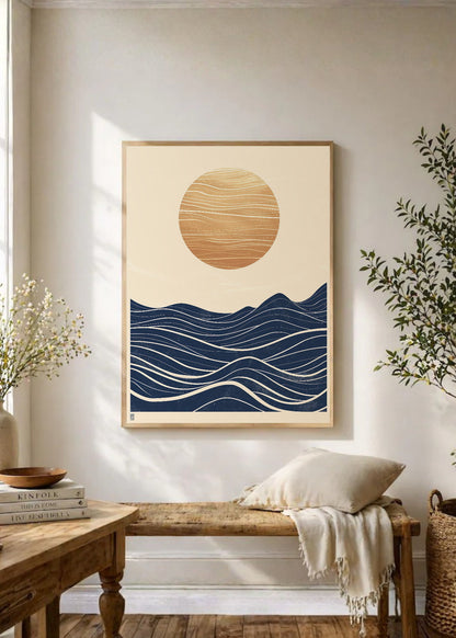 Cuadro Decorativo Trendy, Sol Dorado Olas Azul Noche
