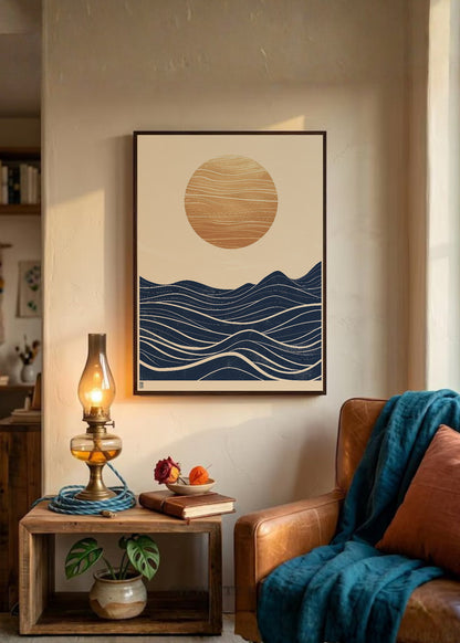Cuadro Decorativo Trendy, Sol Dorado Olas Azul Noche