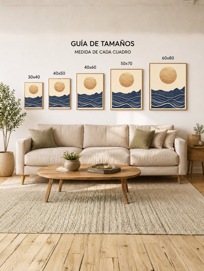 Cuadro Decorativo Trendy, Sol Dorado Olas Azul Noche