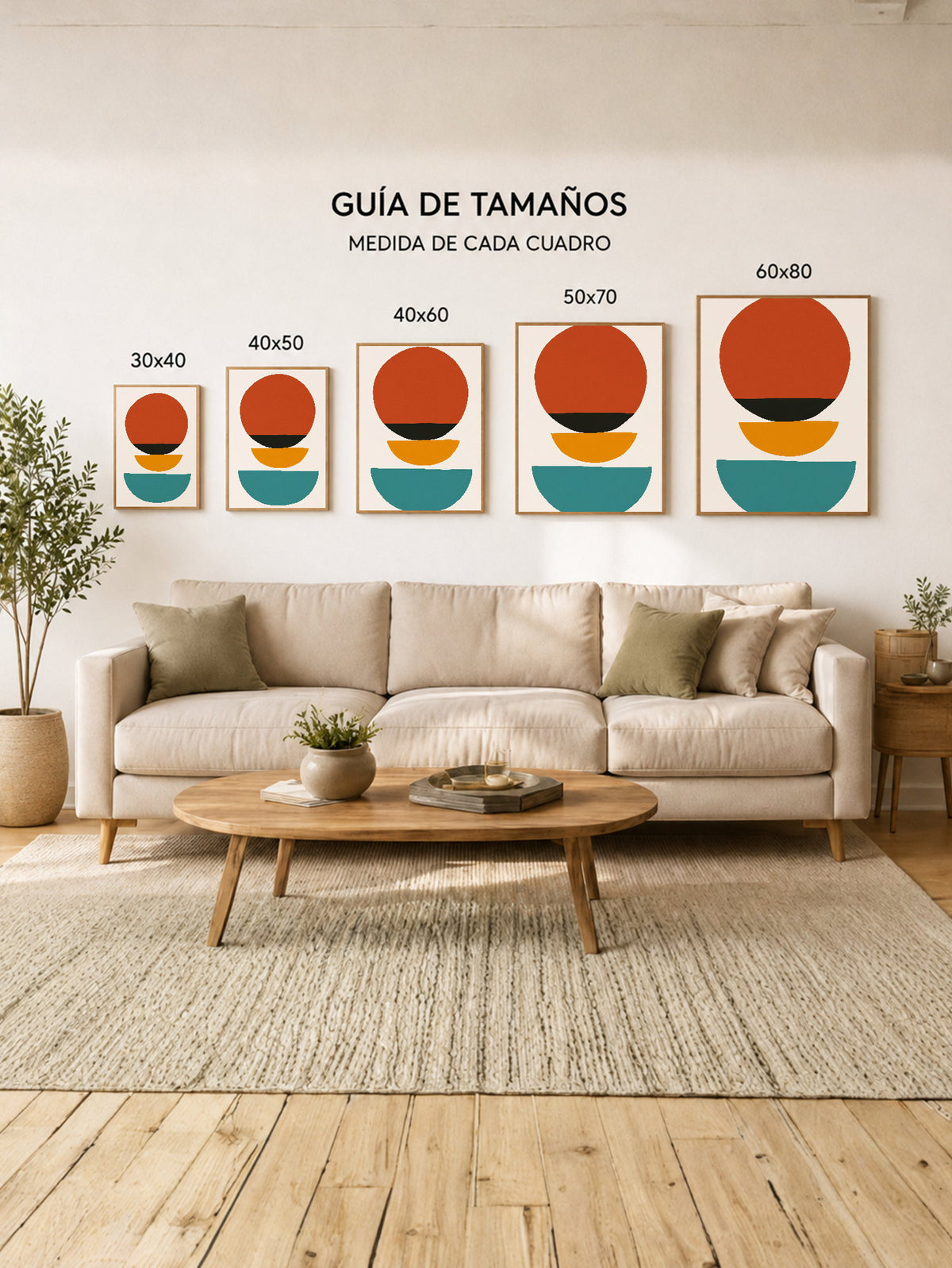 Cuadro Decorativo Trendy, Sol Rojo Semicirculos Turquesa