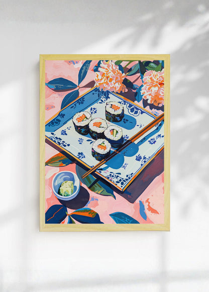 Cuadro Decorativo Trendy, Sushi Bandeja Azul Flores
