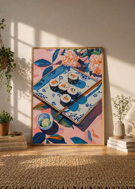 Cuadro Decorativo Trendy, Sushi Bandeja Azul Flores